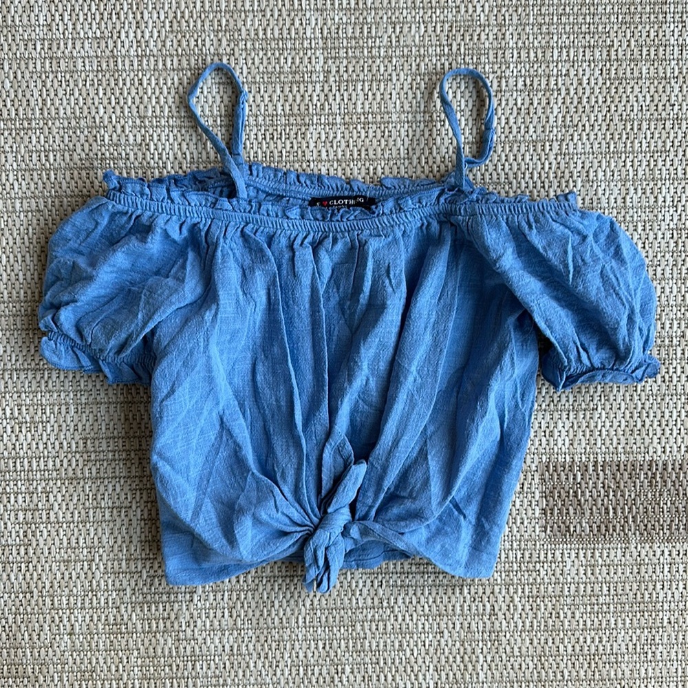 One Clothing Blue Off Shoulder Tie Waist Crop Top XS